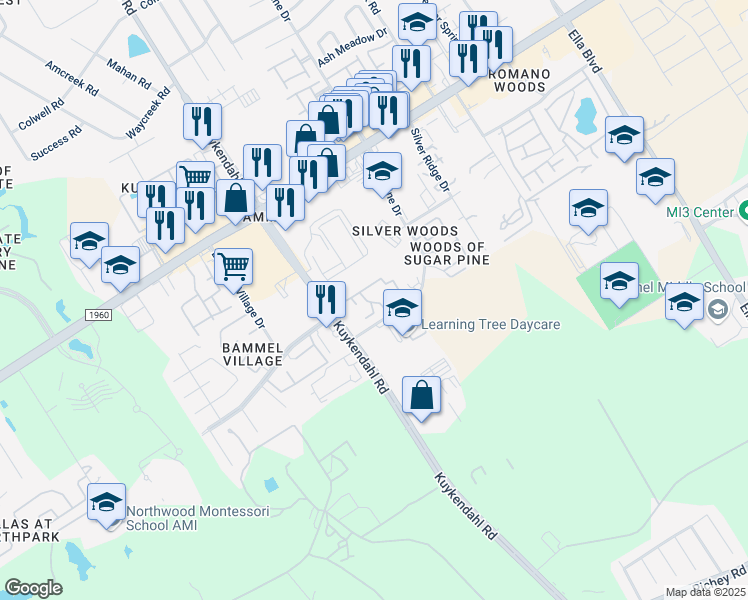 map of restaurants, bars, coffee shops, grocery stores, and more near 15414 Kuykendahl Road in Houston