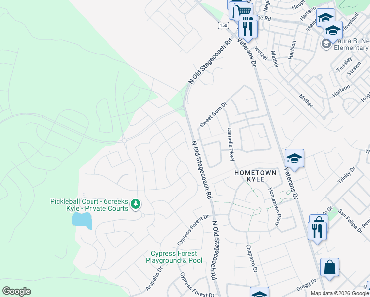 map of restaurants, bars, coffee shops, grocery stores, and more near 643 Coyote Creek Way in Kyle