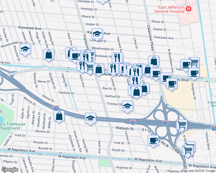 map of restaurants, bars, coffee shops, grocery stores, and more near 6 Quincy Street in Metairie