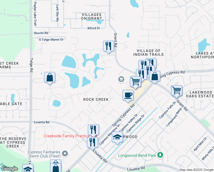map of restaurants, bars, coffee shops, grocery stores, and more near 14118 Bluebonnet Bend in Cypress