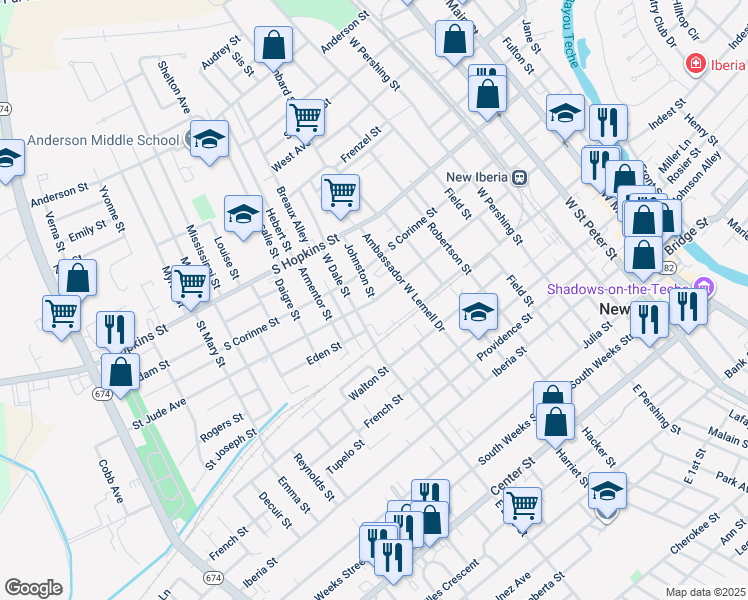 map of restaurants, bars, coffee shops, grocery stores, and more near 400 Johnston Street in New Iberia
