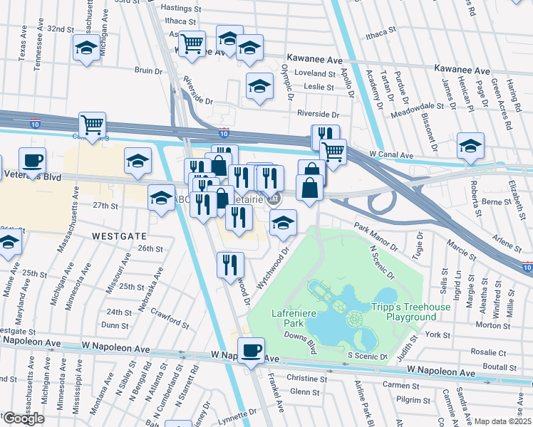 map of restaurants, bars, coffee shops, grocery stores, and more near 6820 Veterans Memorial Boulevard in Metairie