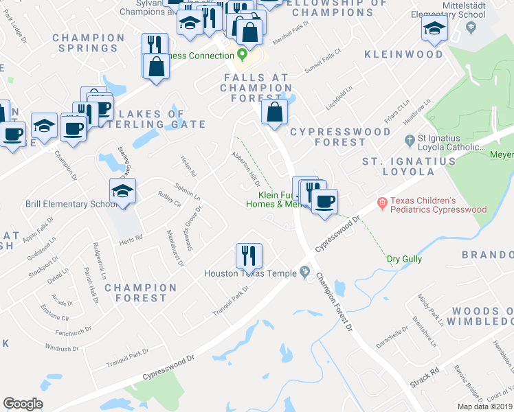 map of restaurants, bars, coffee shops, grocery stores, and more near 15910 Abberton Hill Drive in Spring