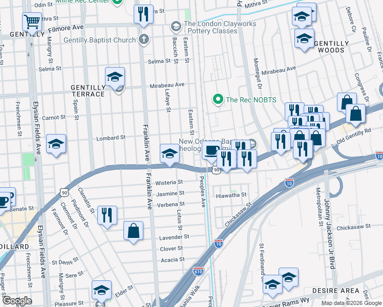 map of restaurants, bars, coffee shops, grocery stores, and more near 4431 Eastern Street in New Orleans