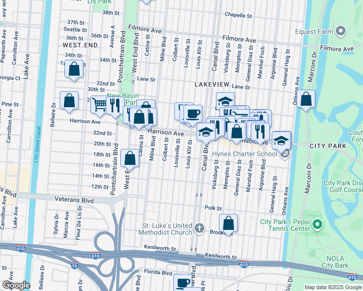 map of restaurants, bars, coffee shops, grocery stores, and more near 530 Harrison Avenue in New Orleans