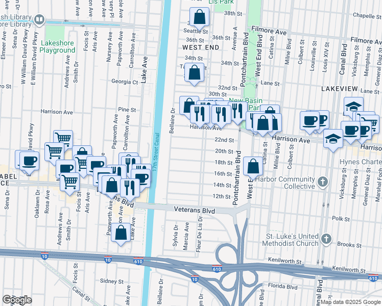 map of restaurants, bars, coffee shops, grocery stores, and more near 343 20th Street in New Orleans