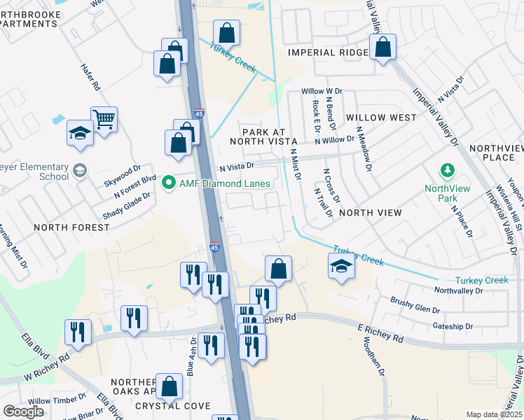 map of restaurants, bars, coffee shops, grocery stores, and more near 16112 North Freeway in Houston