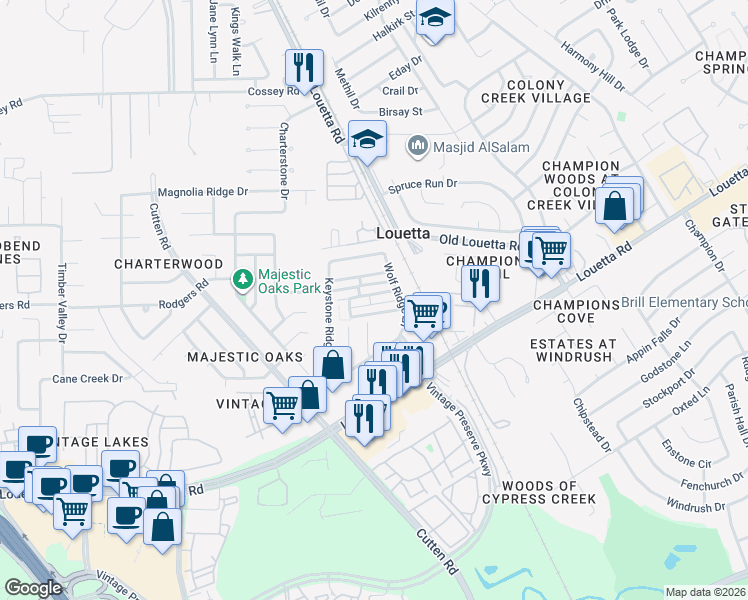 map of restaurants, bars, coffee shops, grocery stores, and more near 9131 Monarch Mist Lane in Houston