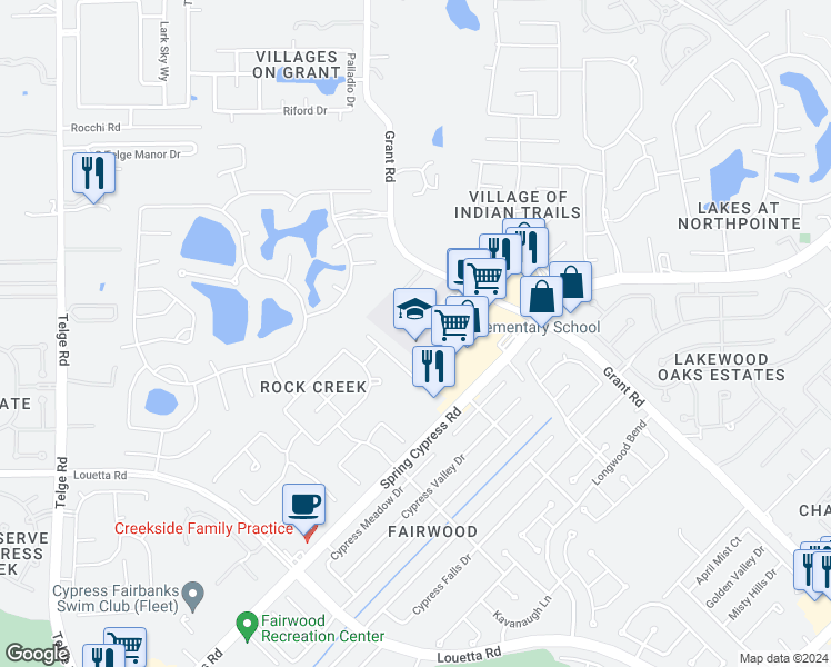 map of restaurants, bars, coffee shops, grocery stores, and more near 14155 Grant Road in Cypress