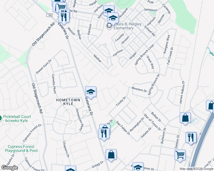 map of restaurants, bars, coffee shops, grocery stores, and more near 294 Bowie Drive in Kyle