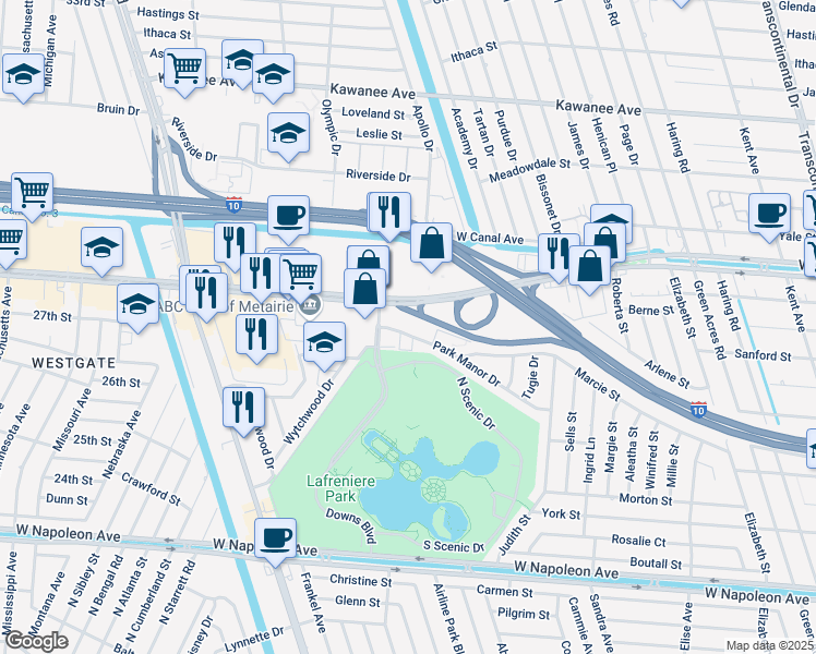 map of restaurants, bars, coffee shops, grocery stores, and more near 6590 Veterans Boulevard in Metairie