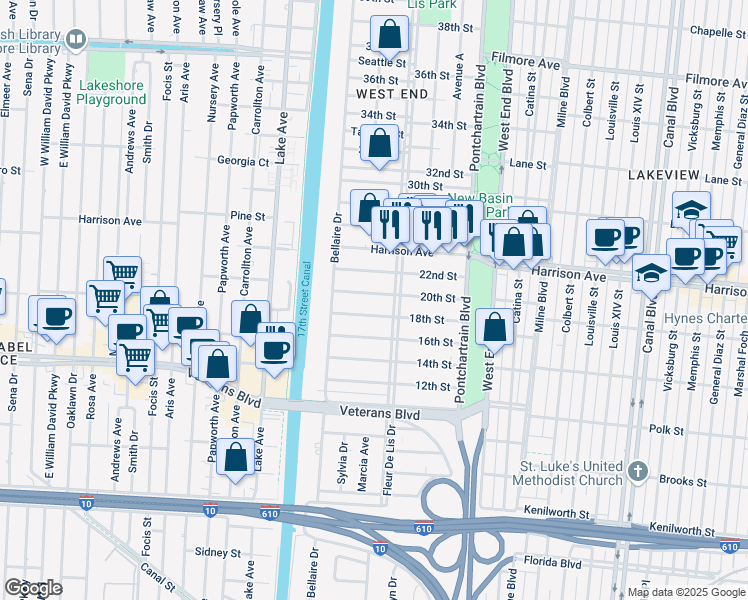 map of restaurants, bars, coffee shops, grocery stores, and more near 343 20th Street in New Orleans