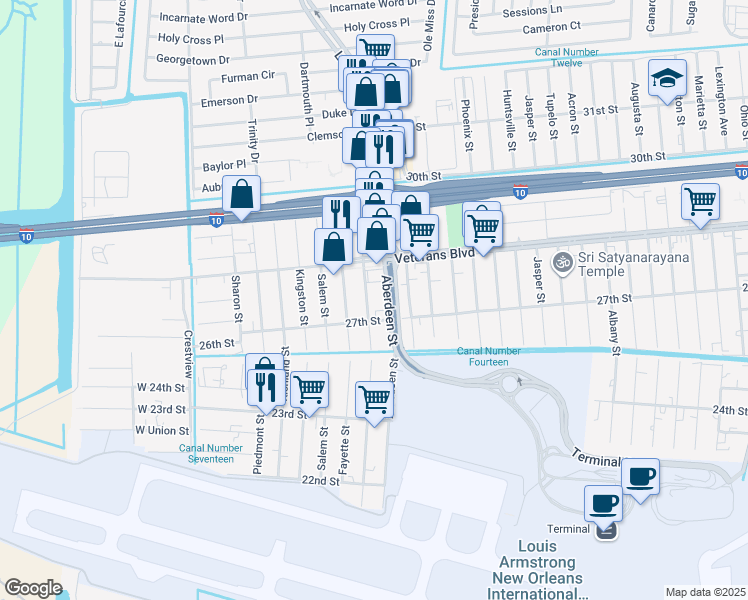 map of restaurants, bars, coffee shops, grocery stores, and more near 2736 Greenwood Street in Kenner