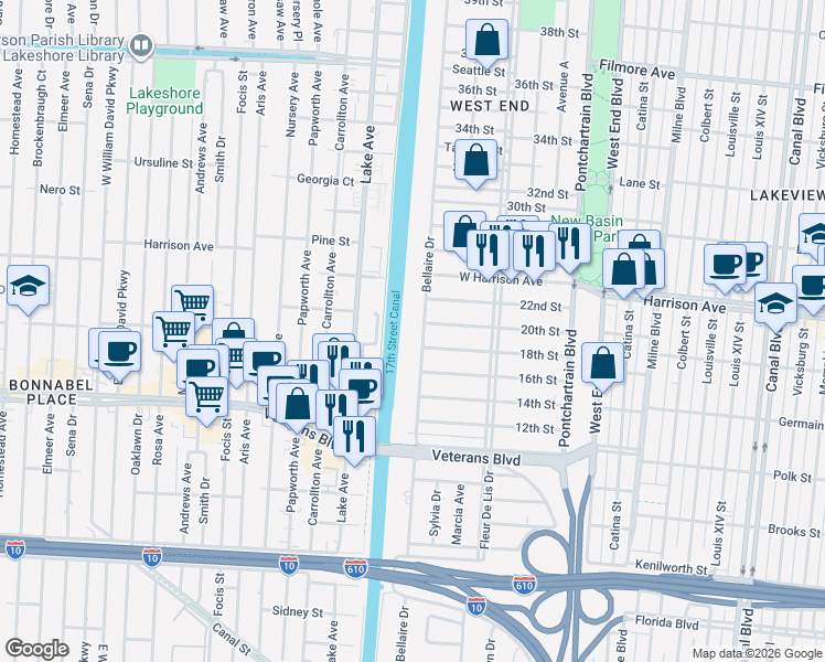 map of restaurants, bars, coffee shops, grocery stores, and more near 6201 Bellaire Drive in New Orleans