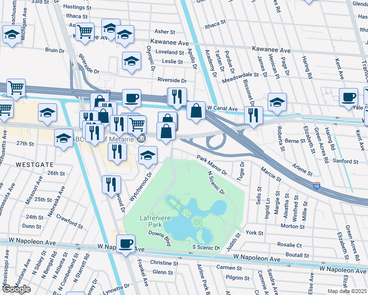 map of restaurants, bars, coffee shops, grocery stores, and more near 6590 Veterans Memorial Boulevard in Metairie