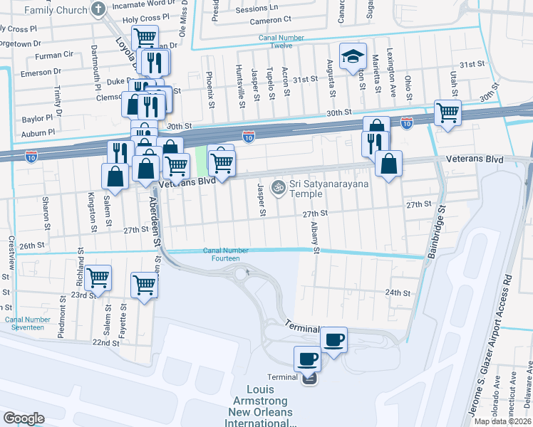 map of restaurants, bars, coffee shops, grocery stores, and more near 2718 Jasper Street in Kenner