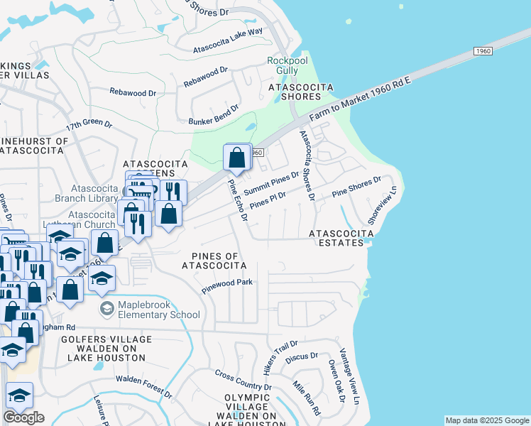 map of restaurants, bars, coffee shops, grocery stores, and more near 8619 Pines Place Drive in Humble
