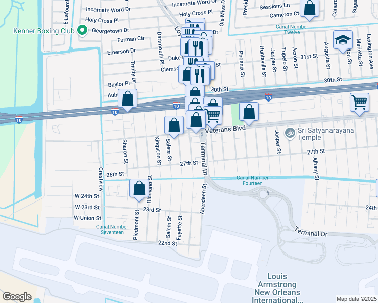map of restaurants, bars, coffee shops, grocery stores, and more near 2736 Greenwood Street in Kenner