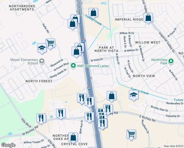 map of restaurants, bars, coffee shops, grocery stores, and more near 16222 North Freeway in Houston