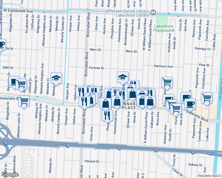 map of restaurants, bars, coffee shops, grocery stores, and more near 908 Homestead Avenue in Metairie