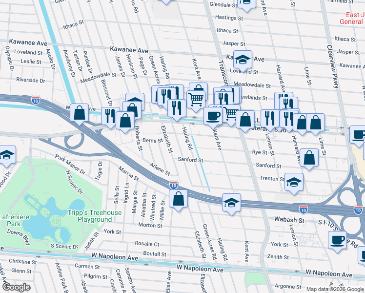 map of restaurants, bars, coffee shops, grocery stores, and more near 3113 Haring Road in Metairie