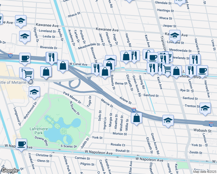 map of restaurants, bars, coffee shops, grocery stores, and more near 3112 Roberta Street in Metairie