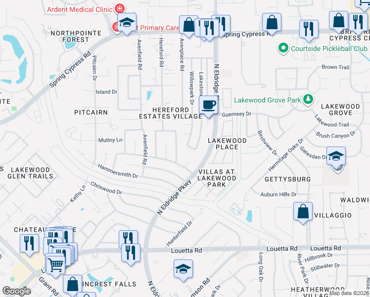 map of restaurants, bars, coffee shops, grocery stores, and more near 16011 Willowpark Drive in Tomball