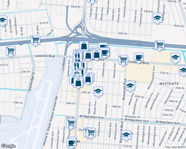 map of restaurants, bars, coffee shops, grocery stores, and more near 2614 Idaho Avenue in Kenner