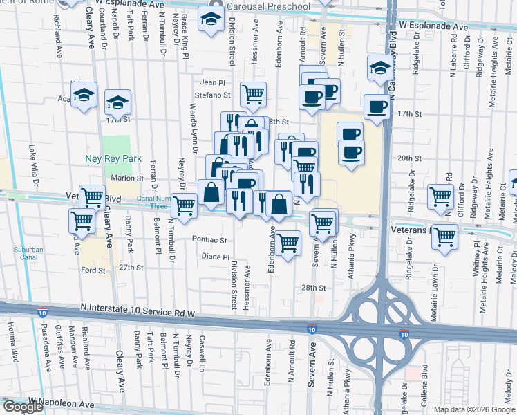 map of restaurants, bars, coffee shops, grocery stores, and more near 3633 Veterans Blvd in Metairie