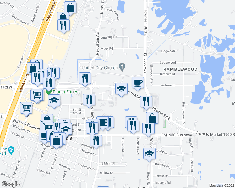 map of restaurants, bars, coffee shops, grocery stores, and more near 1386 Farm to Market 1960 Bypass in Humble