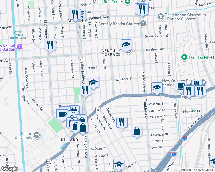 map of restaurants, bars, coffee shops, grocery stores, and more near 4480 Saint Roch Avenue in New Orleans