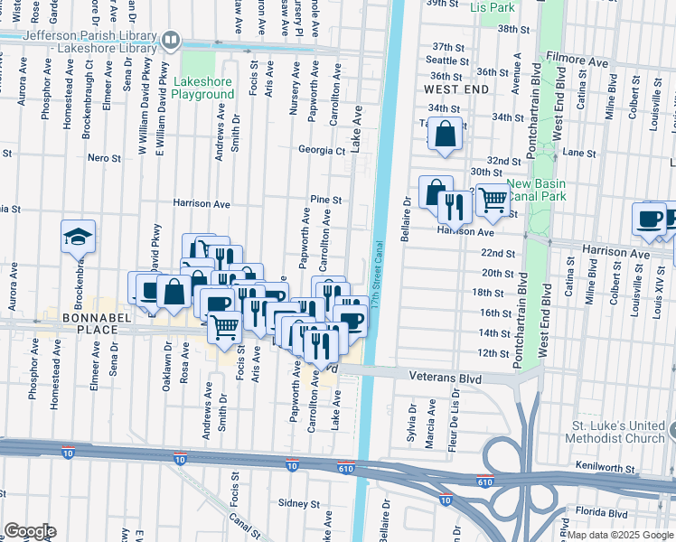 map of restaurants, bars, coffee shops, grocery stores, and more near 1048 Lake Avenue in Metairie