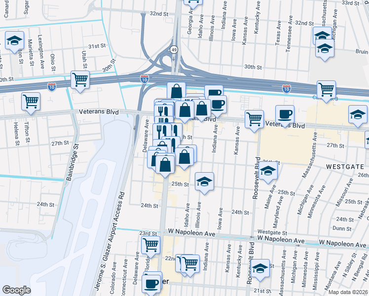 map of restaurants, bars, coffee shops, grocery stores, and more near 2610 Williams Boulevard in Kenner