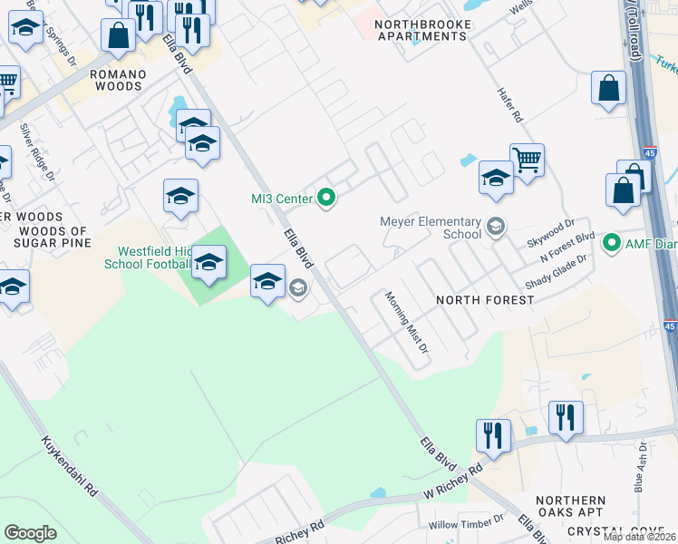 map of restaurants, bars, coffee shops, grocery stores, and more near 16354 Ella Boulevard in Houston