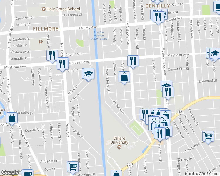 map of restaurants, bars, coffee shops, grocery stores, and more near 4533 New Orleans Street in New Orleans