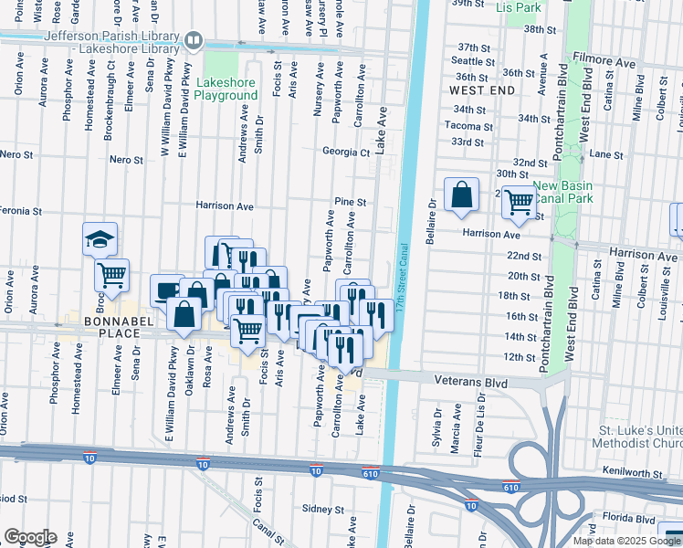 map of restaurants, bars, coffee shops, grocery stores, and more near 1051 Papworth Avenue in Metairie