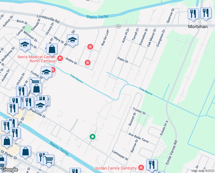 map of restaurants, bars, coffee shops, grocery stores, and more near 406 Astor St in New Iberia