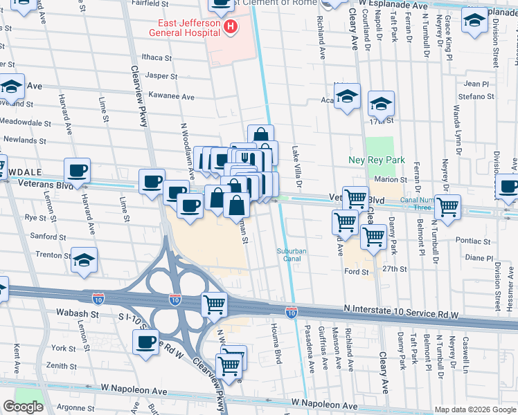 map of restaurants, bars, coffee shops, grocery stores, and more near 4312 Veterans Boulevard in Metairie