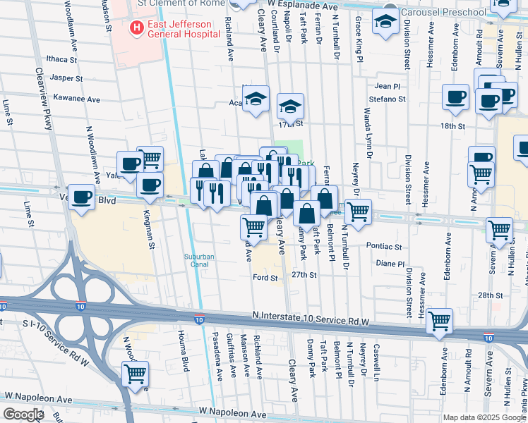 map of restaurants, bars, coffee shops, grocery stores, and more near 3941 Veterans Boulevard in Metairie