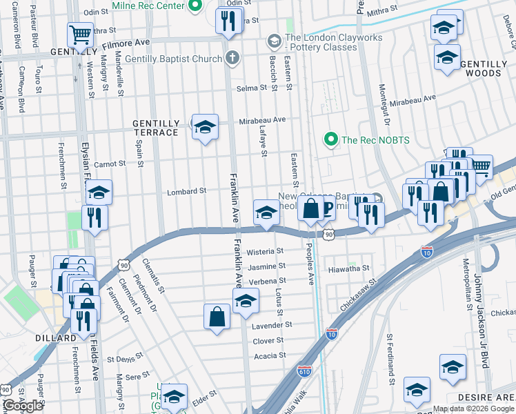 map of restaurants, bars, coffee shops, grocery stores, and more near 3 Demontluzin Street in New Orleans