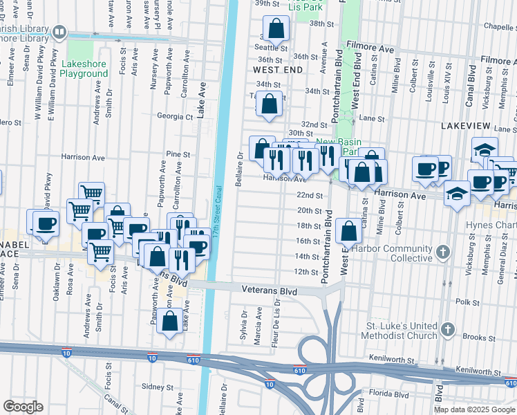 map of restaurants, bars, coffee shops, grocery stores, and more near 343 20th Street in New Orleans