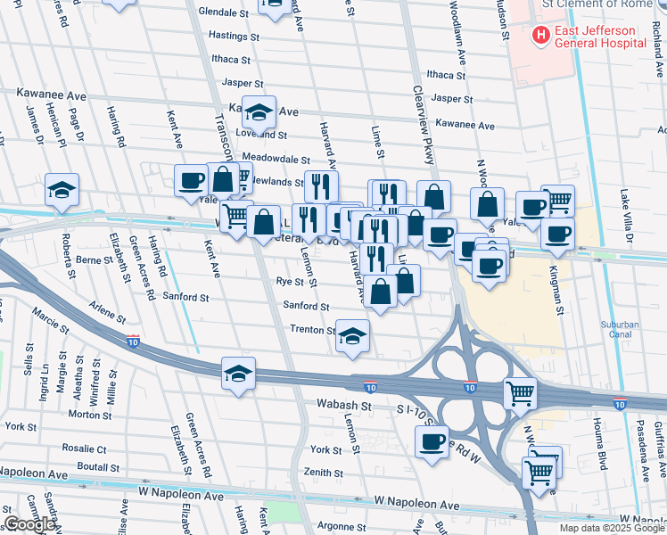 map of restaurants, bars, coffee shops, grocery stores, and more near 4816 Quincy Street in Metairie
