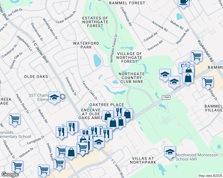 map of restaurants, bars, coffee shops, grocery stores, and more near 16130 Villa Fontana Way in Houston