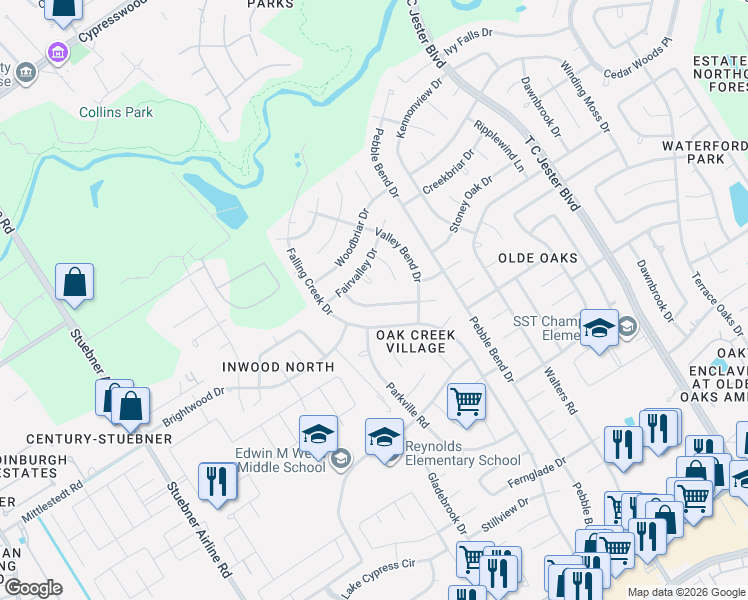 map of restaurants, bars, coffee shops, grocery stores, and more near 15402 Ripplestream Drive in Houston