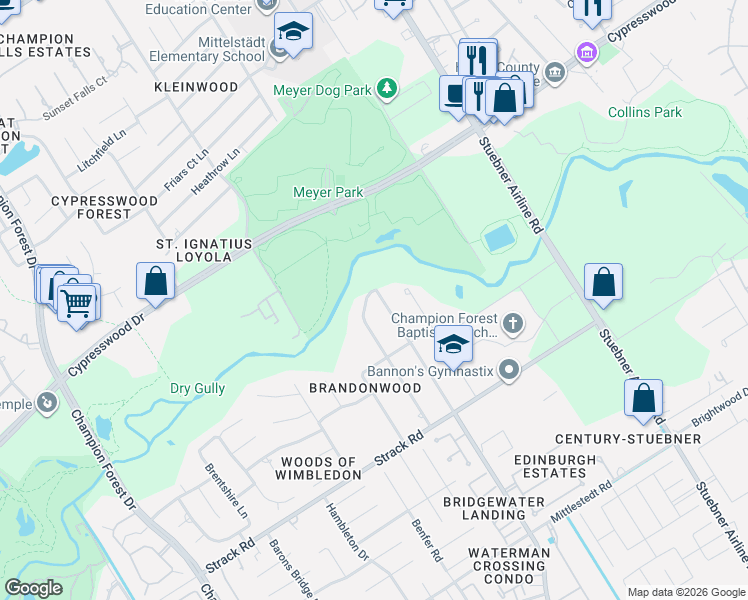 map of restaurants, bars, coffee shops, grocery stores, and more near 15619 Oaklawn Park Drive in Houston