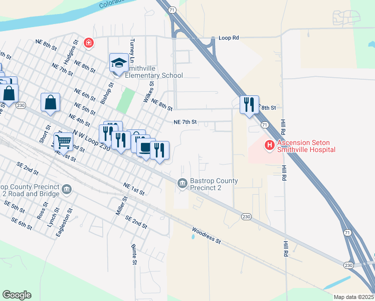 map of restaurants, bars, coffee shops, grocery stores, and more near 100 Bluebonnet Circle in Smithville
