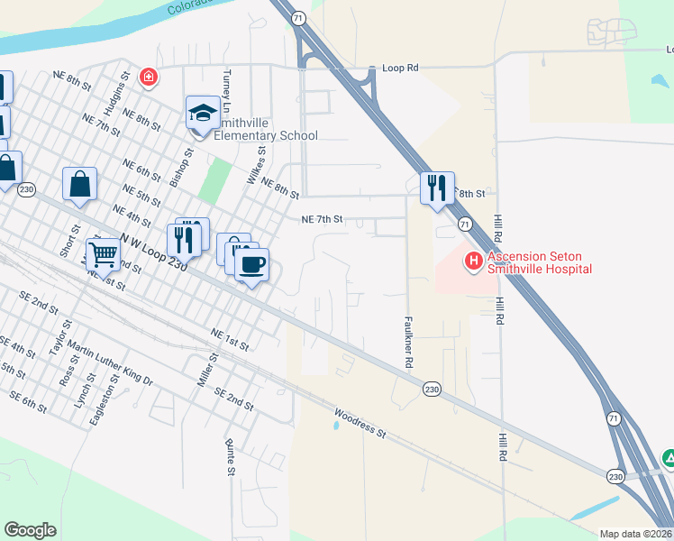 map of restaurants, bars, coffee shops, grocery stores, and more near 111 Callie Street in Smithville