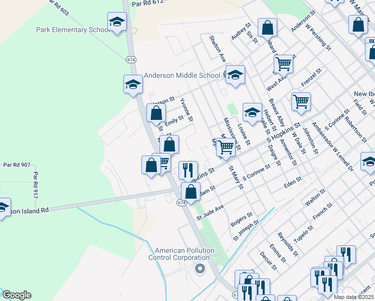 map of restaurants, bars, coffee shops, grocery stores, and more near 1622 Sugarland Terrace in New Iberia