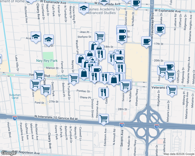 map of restaurants, bars, coffee shops, grocery stores, and more near 3633 Veterans Boulevard in Metairie