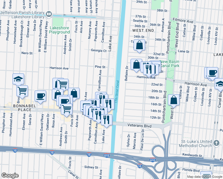 map of restaurants, bars, coffee shops, grocery stores, and more near 119 Walnut Street in Metairie